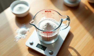 Verre mesureur avec poudre blanche sur une balance de cuisine