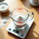 Verre mesureur avec poudre blanche sur une balance de cuisine