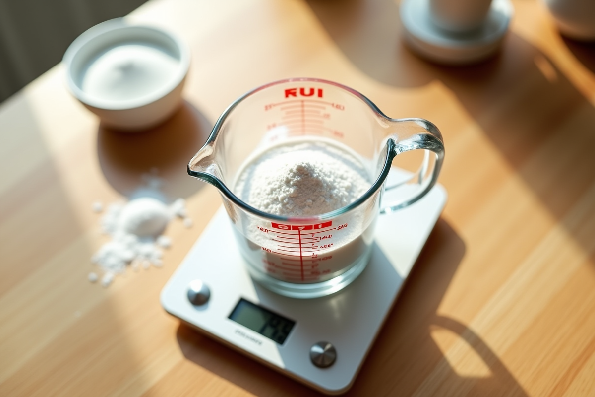 Verre mesureur avec poudre blanche sur une balance de cuisine