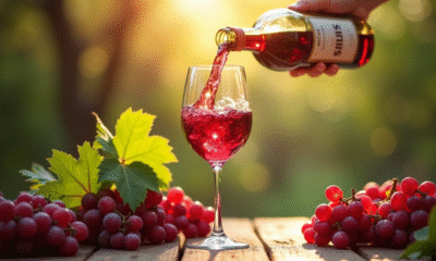 Verre de vin rouge sans sulfites sur une table en bois ensoleillée