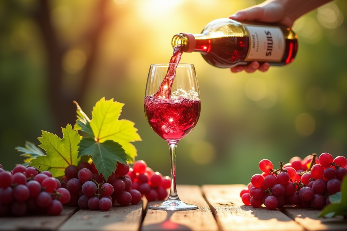 Verre de vin rouge sans sulfites sur une table en bois ensoleillée