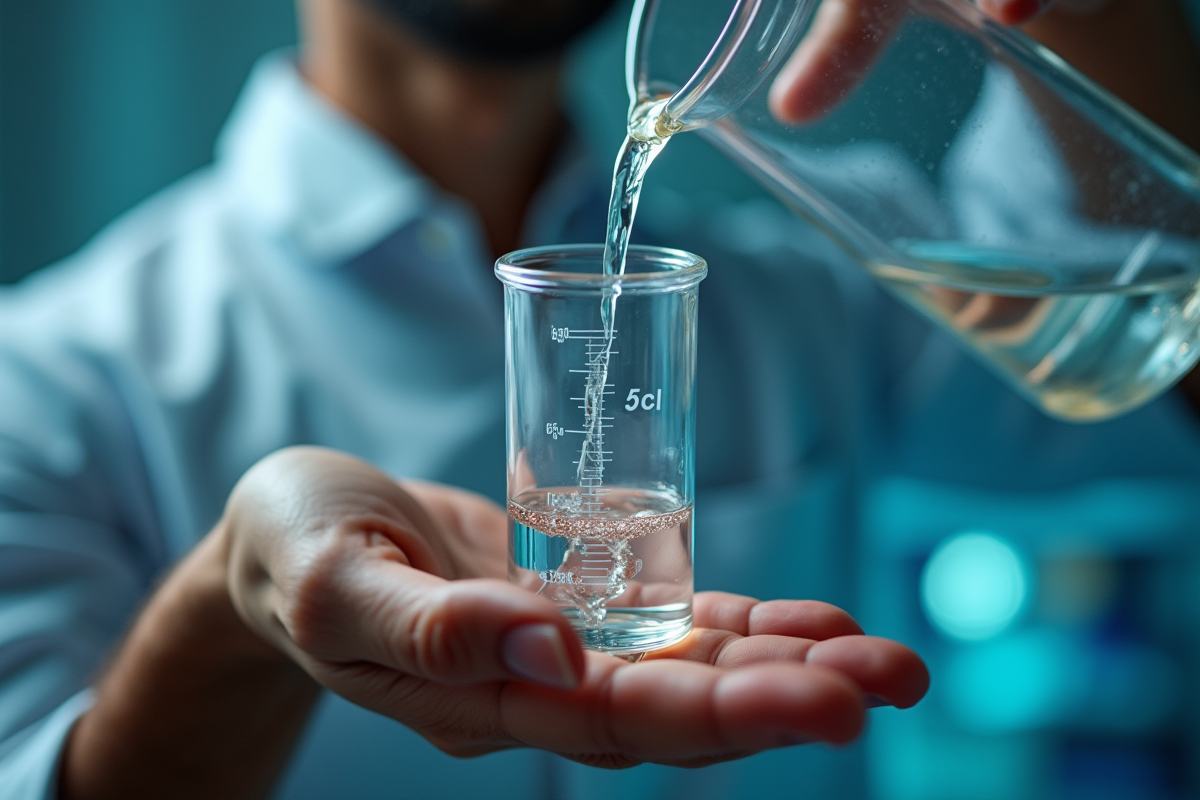 Main versant liquide dans un cylindre gradué en gros plan