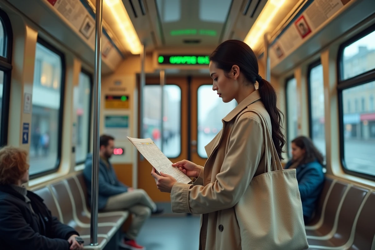 Voyageuse consultant la carte de la ligne 2 du tramway à l'intérieur d'une rame à Nantes